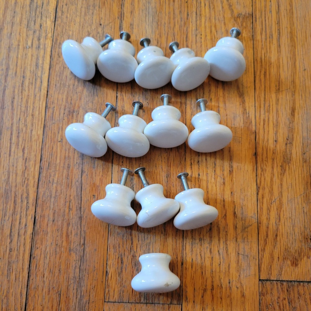 Set of 13 Drawer Knobs White Ceramic Round Vintage Pulls Japan Minimalist MCM